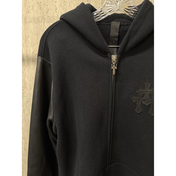 Chrome Hearts Black Hoodie W/ Leather Sleeves & Gothic Cross Details Full Zip Co - Picture 11 of 16